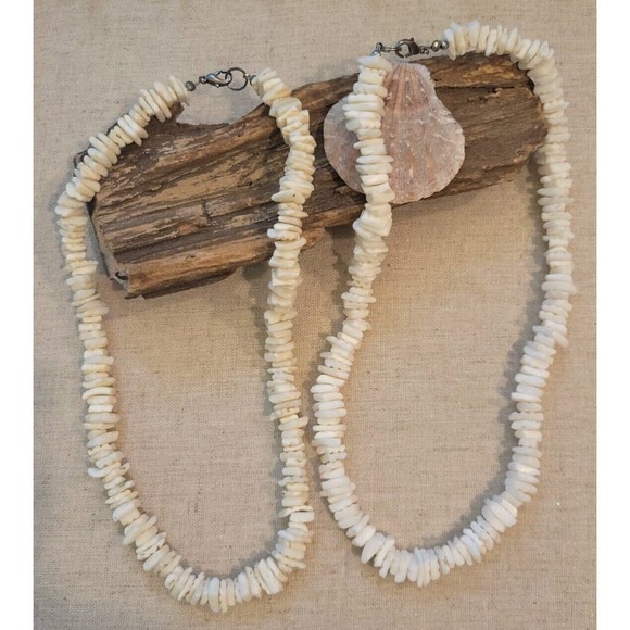 White Natural Clam Shell Bead Collar Necklace Lot 2 Hawaiian 17" Surfer Unisex - Picture 5 of 5